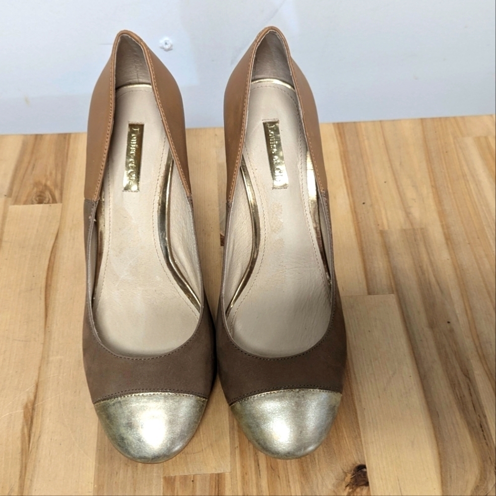 Louise Et Cie Camel Leather and Suede Pump Cap Toe Block Heel Classic Gold 8 - Picture 2 of 11